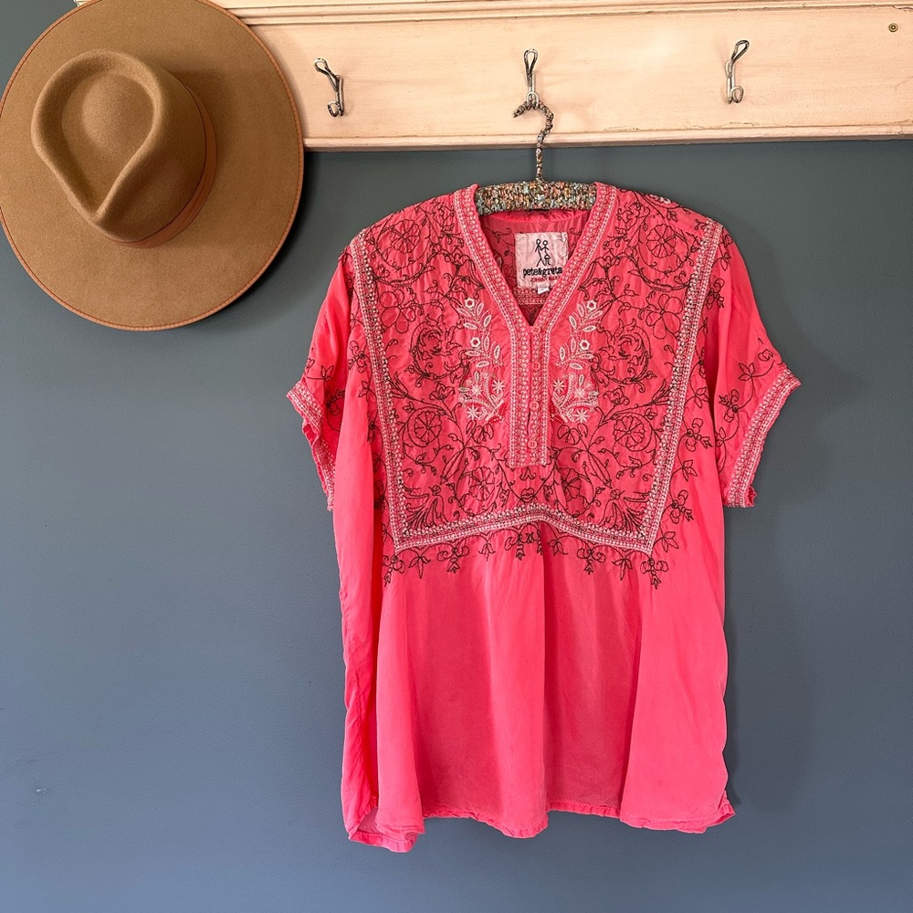 Johnny Was coral Pink embroidered Floral short sleeve Sz small